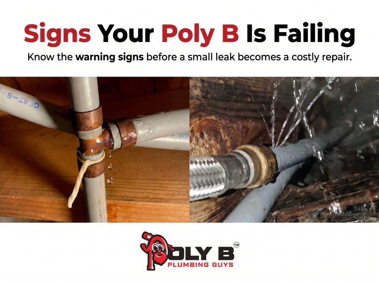 Signs of failing Poly B plumbing including leaks, cracked piping, water stains, and damaged fittings inside a residential home.
