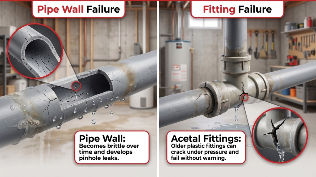 Educational infographic showing how Poly B plumbing fails through brittle pipe walls with pinhole leaks and cracked acetal plastic fittings inside a residential plumbing system.